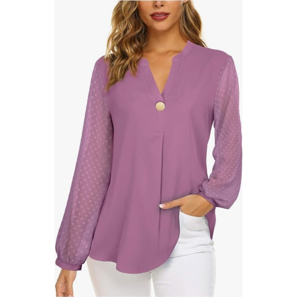MCKOL Dusty Rose‎ Swiss Dot Sheer Sleeve Button Neck Blouse Top Size L NWOT